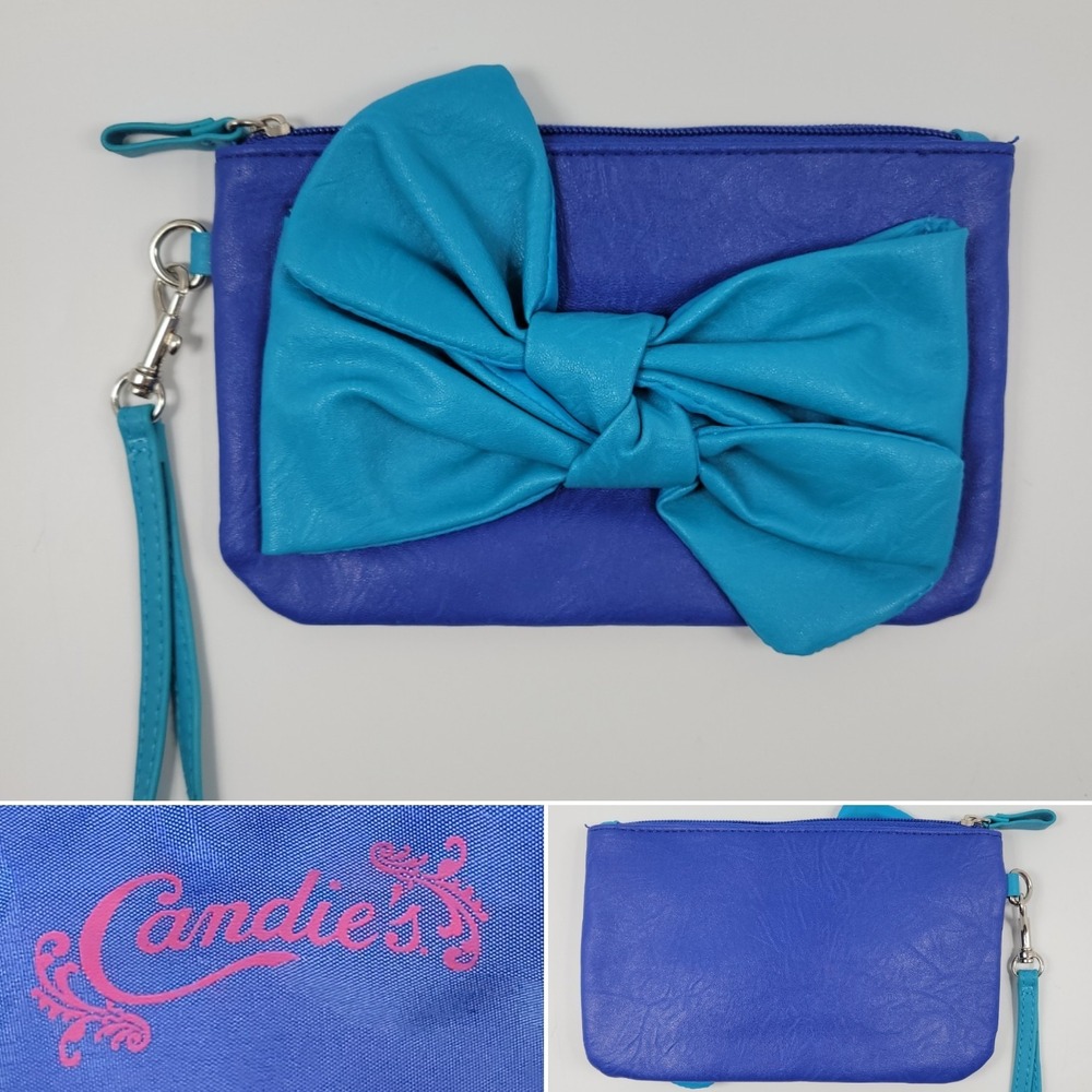 Candie's Teal Blue Bow Vegan Faux Leather Wristlet‎ Clutch Purse 90s Y2k VTG